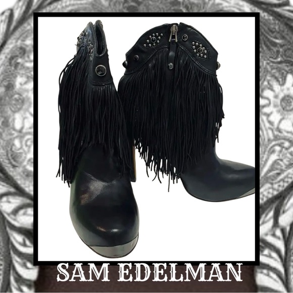 SAM EDELMAN Black Leather Bootie Fringe Heel Platform Bootie 9.5 NEW - Picture 1 of 8